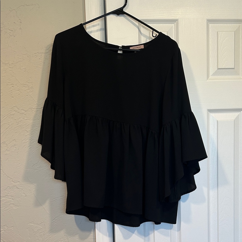 Elegant Black Women's Blouse with Ruffled Sleeves